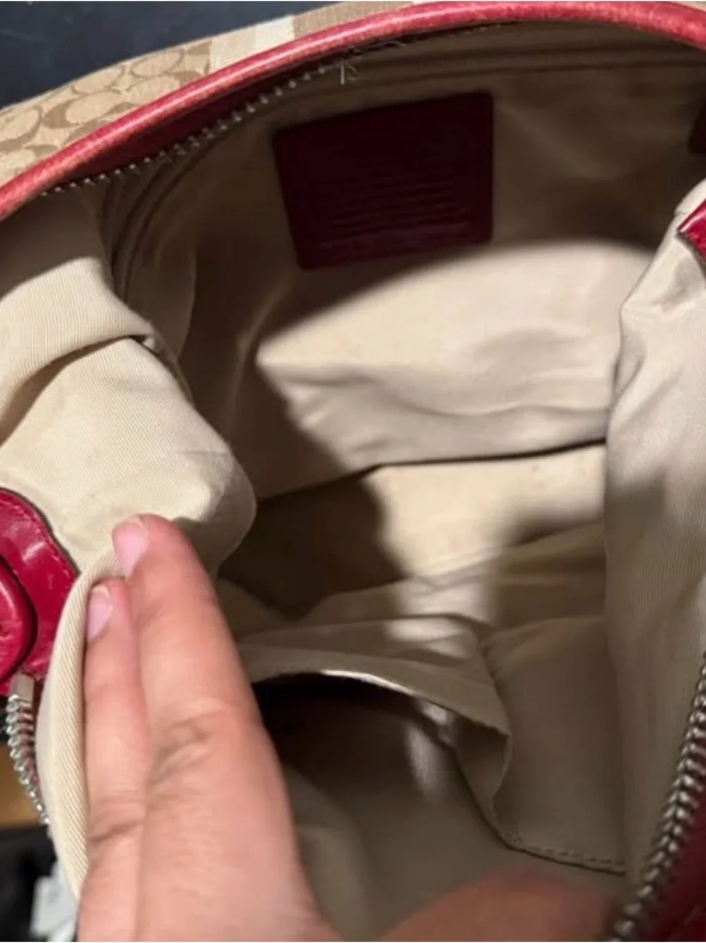 Coach Red Leather Trim Tote with Signature Monogram Interior